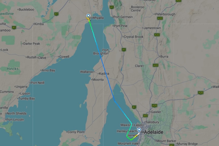 A flight map showing a flight from Whyalla to Adelaide