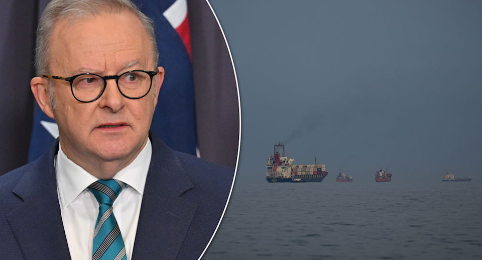PM Albanese and tankers in the gulf.