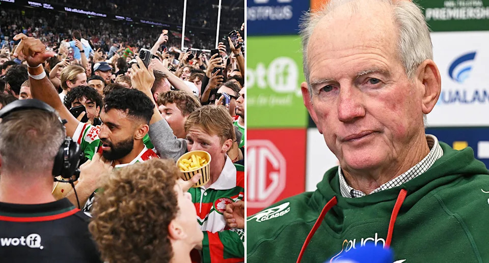 Souths coach Wayne Bennett was delighted for Alex Johnston but annoyed at the disruption his NRL record caused as fans stormed the ground and the game was delayed. Pic: AAP