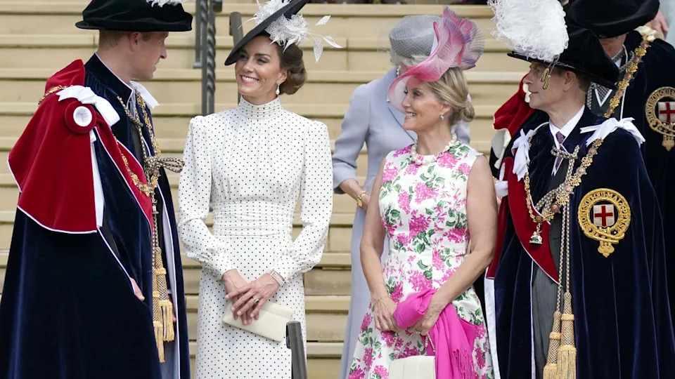 Prince William, Catherine, Princess of Wales, Sophie, Duchess of Edinburgh and Prince Edward, Duke of Edinburgh react at St George's Chapel after attending the Most Noble Order of the Garter Ceremony in Windsor Castle 
