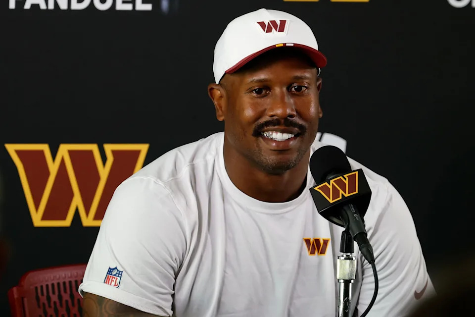 Jul 24, 2025; Ashburn, VA, USA; Washington Commanders outside linebacker Von Miller (24) speaks with the media after practice on day two of training camp at OrthoVirginia Training Center at Commanders Park. Mandatory Credit: Geoff Burke-Imagn Images