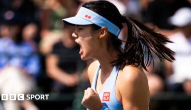Emma Raducanu celebrates her victory at Indian Wells