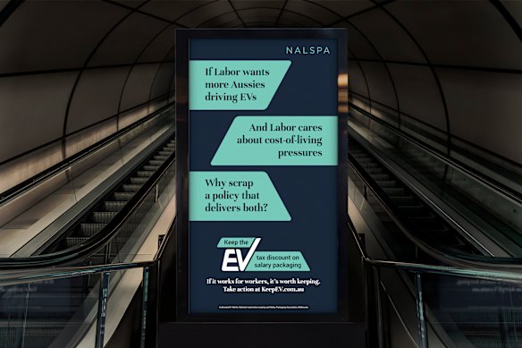 A billboard ad being run by the National Automotive Leasing and Salary Packaging Association (NALSPA) as it urges the Albanese government against removing or scaling back its electric vehicle tax discount. 