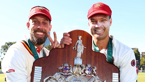 Jake Lehmann and Alex Carey of South Australia with the shield.