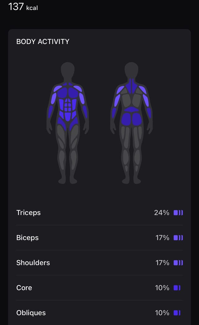 Body activity analysis with muscle group engagement percentages.