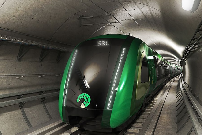 A mock up of a train on the Suburban Rail Loop