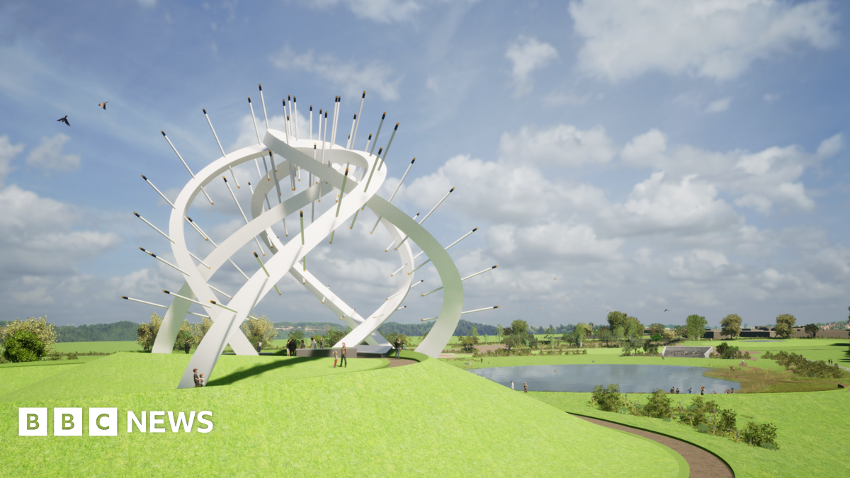 An artists impression of a large steel winding sculpture with long spikes sticking out at at angles, showing people standing at the base. Landscaped gardens and a lochan can be seen the background