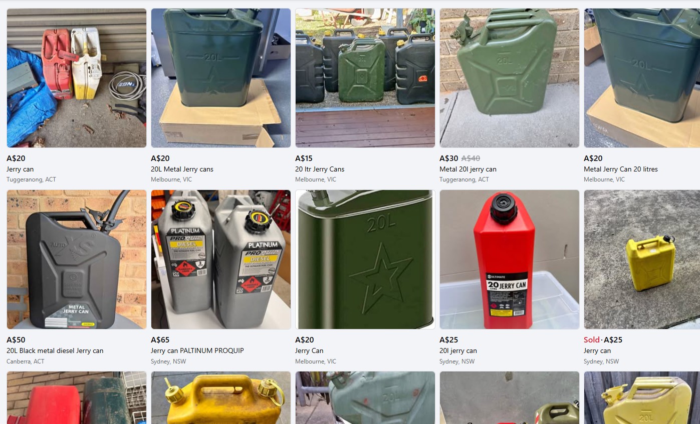 Fuel containers advertised for sale on Facebook.