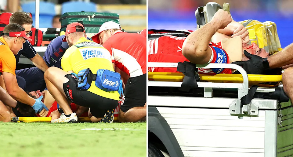Dragons playmaker Kyle Flanagan was taken to hospital after being knocked out in a sickening head clash with a teammate during the NRL Round 4 loss to the Titans. Pic: Getty