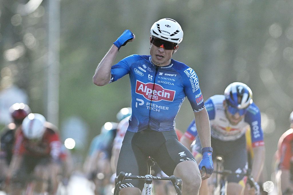 NOKERE, BELGIUM - MARCH 18: Jasper Philipsen of Belgium and Team Alpecin-Premier Tech celebrates at finish line as race winner during the 80th Danilith Nokere Koerse 2026, Men&amp;apos;s Elite a 186.4km one day race from Deinze to Nokere / #UCIWT / on March 18, 2026 in Nokere, Belgium. (Photo by Luc Claessen/Getty Images)