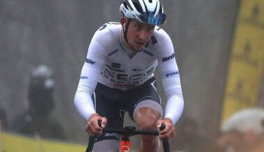 INEOS Grenadiers' French rider K&eacute;vin Vauquelin cycles to finish the 4th stage of the Paris-Nice cycling race, 195 km between Bourges and Uchon, on March 11, 2026. (Photo by Anne-Christine POUJOULAT / AFP)