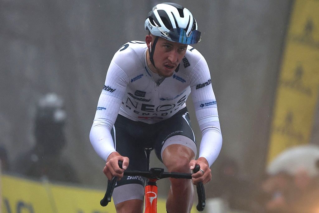 INEOS Grenadiers' French rider K&eacute;vin Vauquelin cycles to finish the 4th stage of the Paris-Nice cycling race, 195 km between Bourges and Uchon, on March 11, 2026. (Photo by Anne-Christine POUJOULAT / AFP)