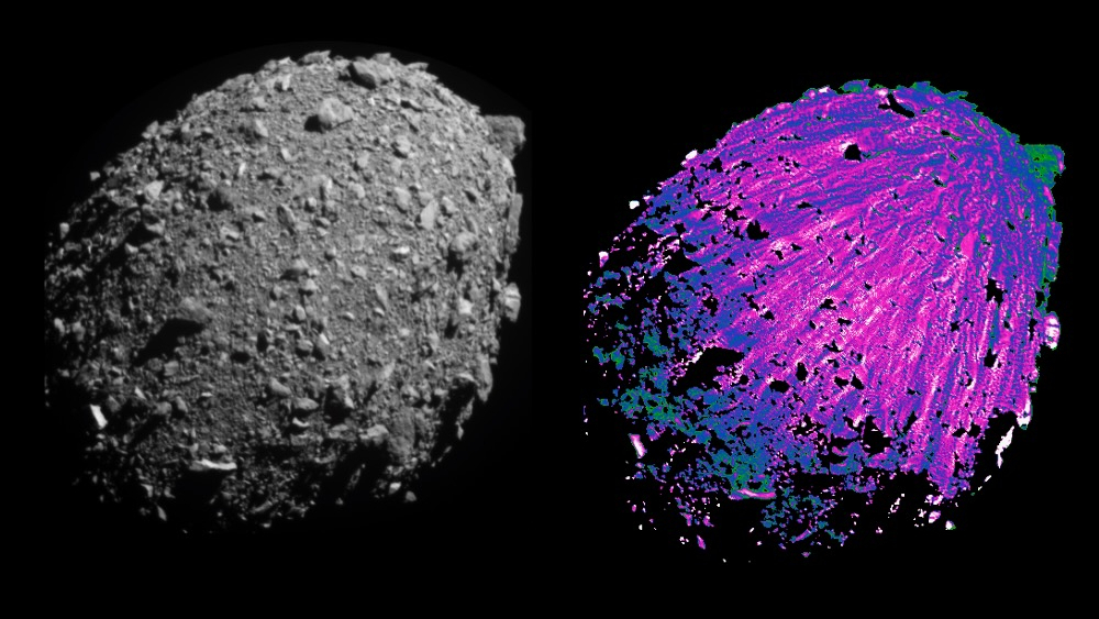 two side-by-side, close-up images of the same asteroid in deep space. at left is a black and white naturalistic view of the space rock. at right, the same asteroid is colored purple to show off a series of fan-shaped streaks on its surface