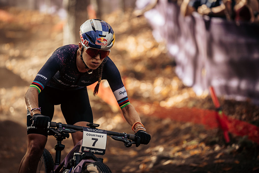 LAKE PLACID, NEW YORK - OCTOBER 05: Kate Courtney of United States competes in the UCI Mountain Bike World Championships Cross Country XCO Women Elite on October 05, 2025 in Lake Placid, New York. (Photo by Piotr Staron/Getty Images)