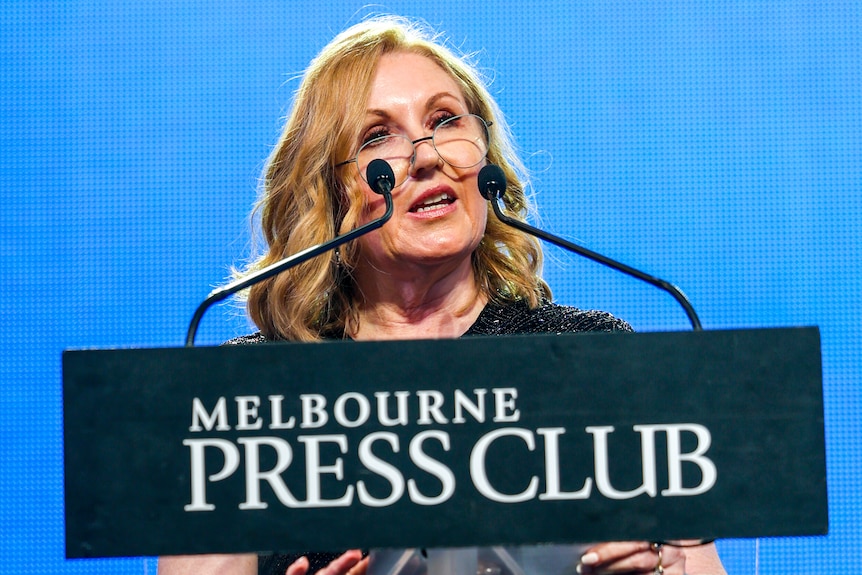 Adele speaking on stage at the Quill Awards in Melbourne in March 2026