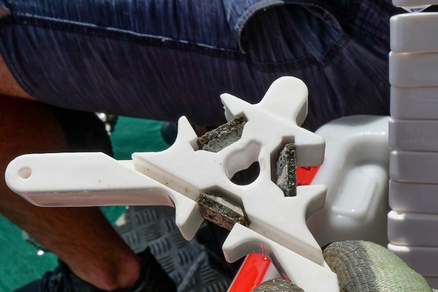 A triangle shaped white device with three small ceramic plate inside.