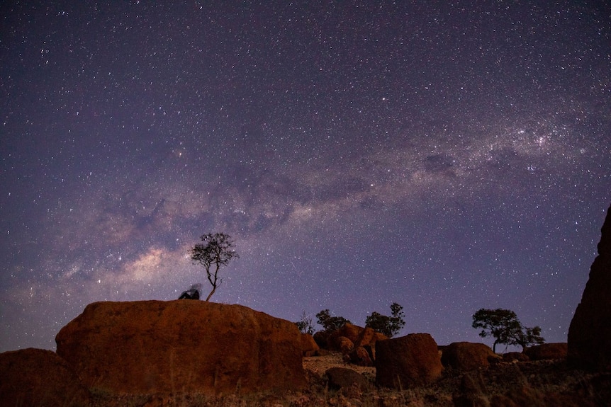 A band of stars in the sky behind a tree atop a rock in the outback.
