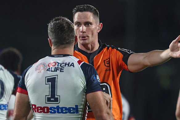Roosters captain James Tedesco made regular enquiries with referee Wyatt Raymond on Friday night.