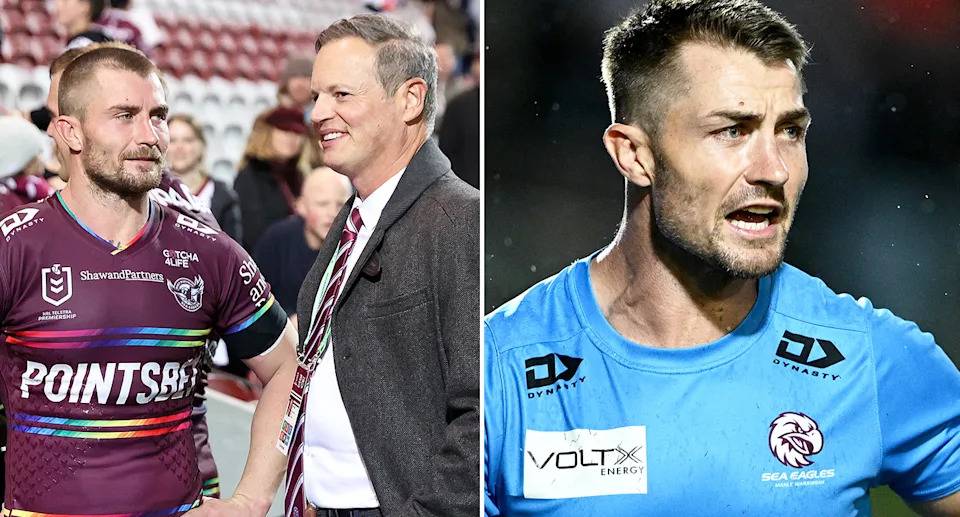 On the left is Kieran Foran with Manly owner Scott Penn.