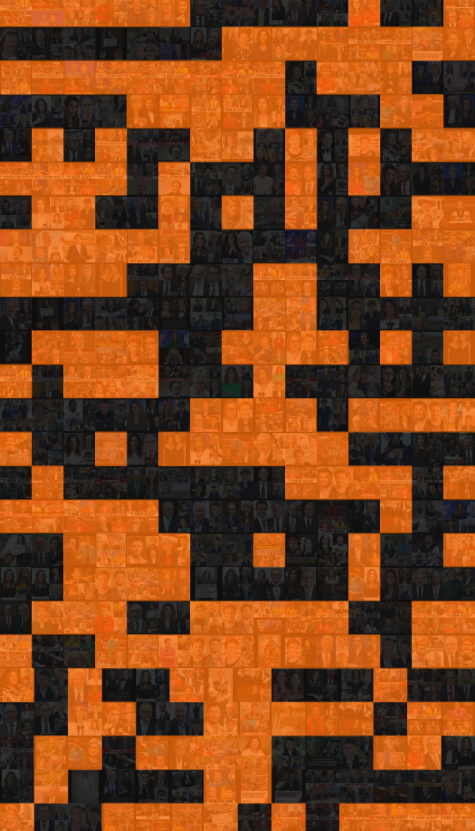 A large mosaic of images, half of them are orange.