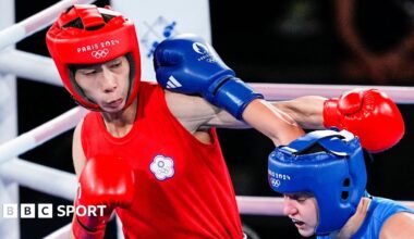 Taiwanese boxer Lin Yu-ting fighting in the women's welterweight final at the 2024 Olympic Games in Paris