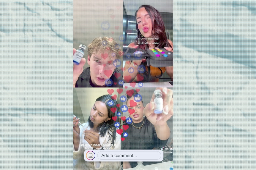 A collage of different clips on social media that shows young people using peptides.