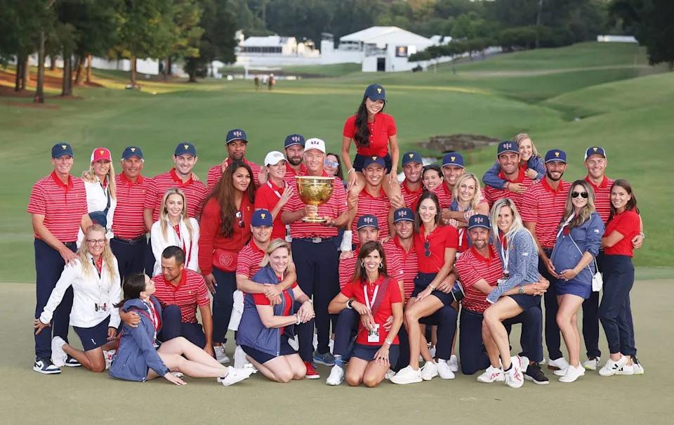 The United States Team poses with the 2022 Presidents Cup in North Carolina.Credit: Warren Little/Getty