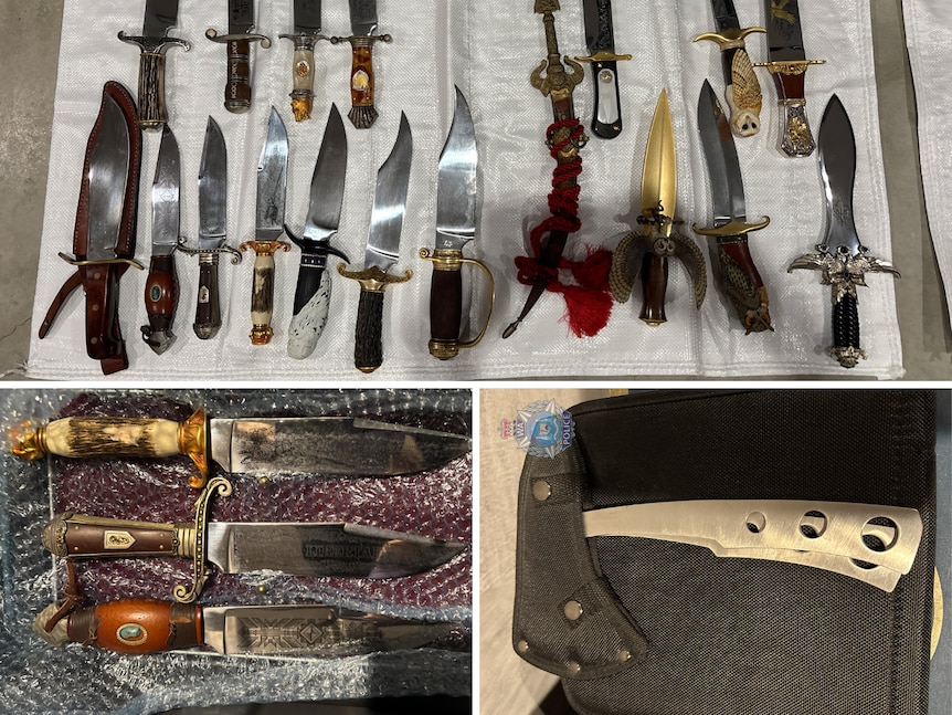 A composite of many knives and a sheathed axe.