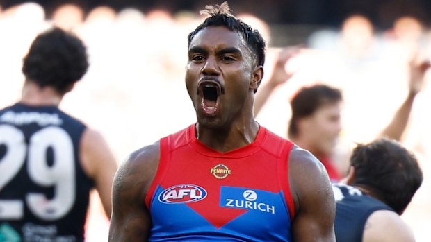 Kysaiah Pickett of the Demons celebrates a goal.