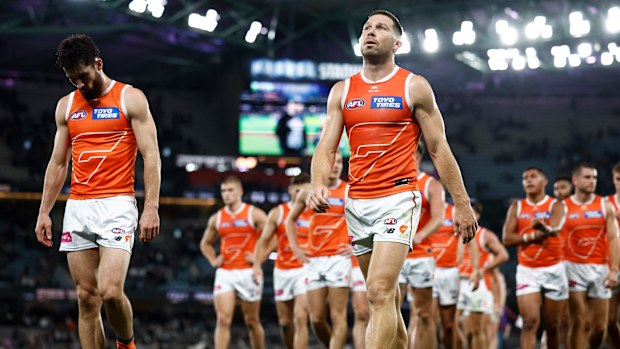 Toby Greene of the Giants leaves the ground with his team.