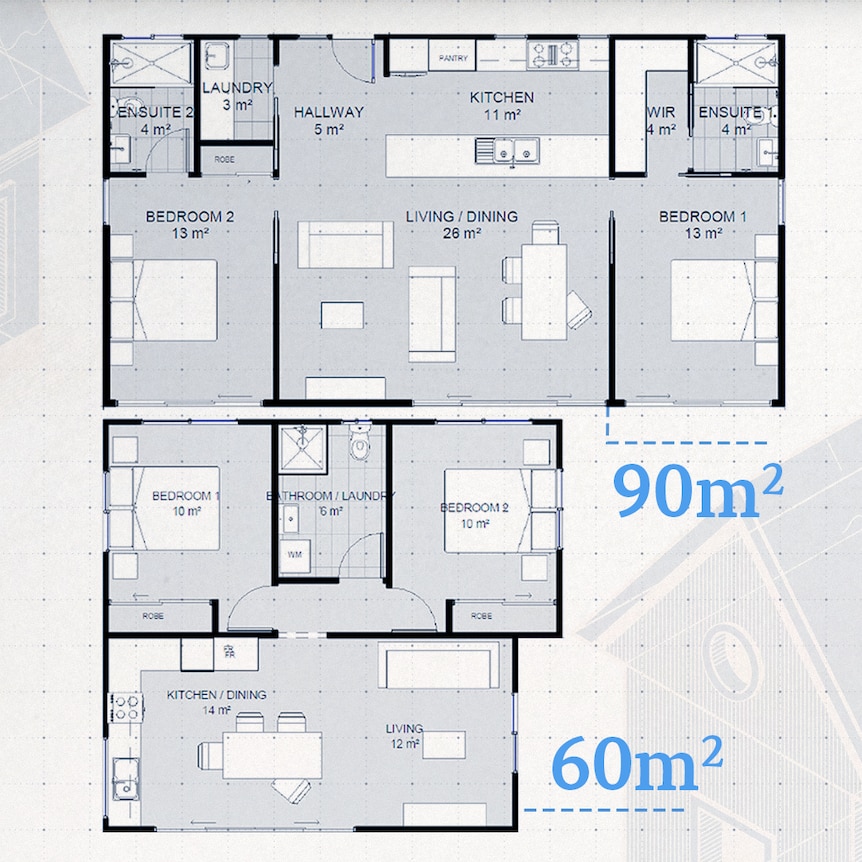 The difference in floor plans for a 60m2 granny flat compared to a 90m2.
