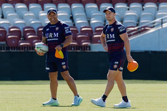 Kieran Foran and Jim Dymock at Manly training on Sunday.