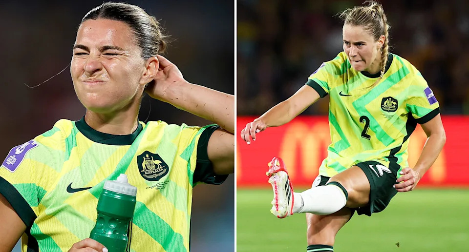 Courtney Nevin (R) looks the most likely replacement for Steph Catley (L) at left back for the Matildas if the vice-captain is ruled out of Australia's Asian Cup quarter-final. Pic: Getty