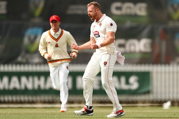 MELBOURNE, AUSTRALIA - MARCH 28: Nathan McAndrew of South Australia celebrates after taking the wicket of Oliver Peake of Victoria during day three of the Sheffield Shield match between Victoria and South Australia at CitiPower Centre, on March 28, 2026, in Melbourne, Australia. (Photo by Robert Cianflone/Getty Images)