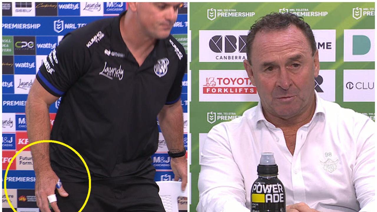 Bulldogs defeat Canberra Raiders, Cameron Ciraldo press conference, damages hand in shattered glass, GIO Stadium venue, video, highlights