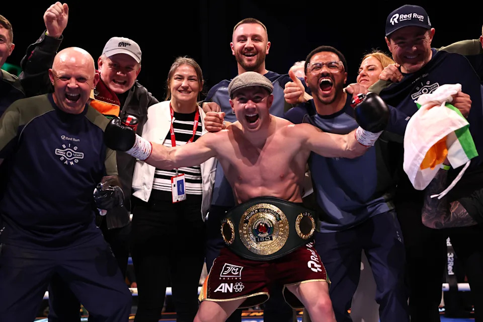 Pierce O'Leary celebrates victory against Maxi Hughes following the IBO super light weight bout at the 3Arena in Dublin, Ireland. Picture date: Saturday March 14, 2026. (Photo by Damien Eagers/PA Images via Getty Images)