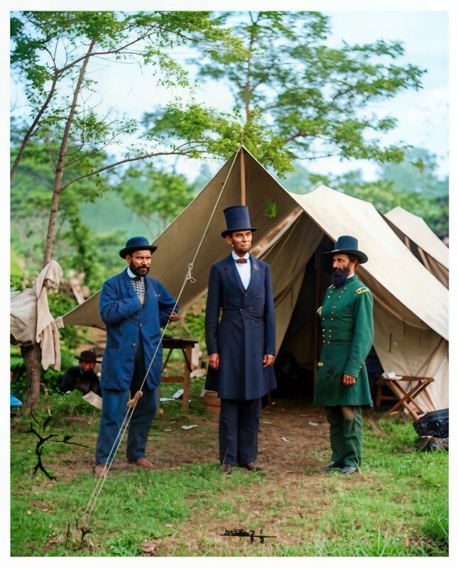 Three men in 19th-century attire stand in front of a beige canvas tent outdoors; one wears a tall top hat and dark coat, flanked by men in navy blue and green military-style uniforms. Trees and camp equipment are visible.