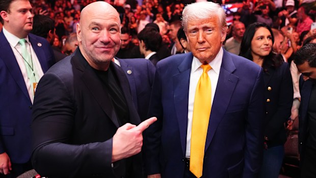 Dana White poses with Donald Trump during the UFC 314 event at Kaseya Center on April 12, 2025 in Miami, Florida. (Photo by Jeff Bottari/Zuffa LLC)