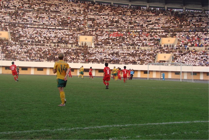 The Matildas playing a game of football against North Korea