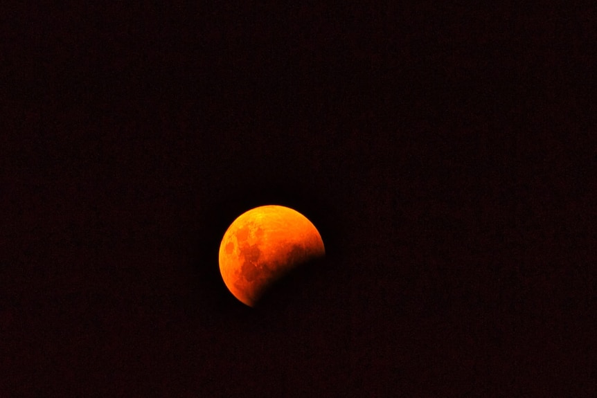 A red-orange moon in a night sky