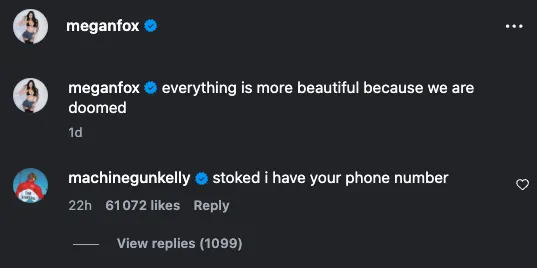 Machine Gun Kelly's comment on Megan Fox's post.