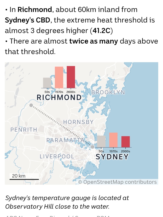 A map of extreme heat days in Sydney, compared to further inland Richmond.
