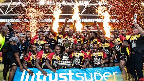 The PNG Hunters celebrate their 2017 Queensland Cup triumph.