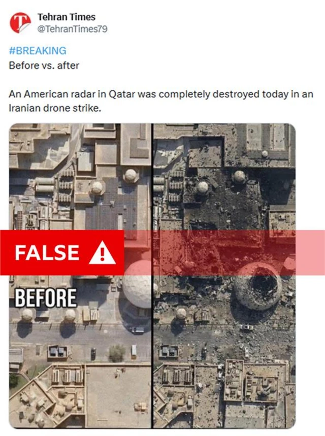 The false Tehran Times post claiming to show before and after satellite imagery of an attack on a US base in Qatar