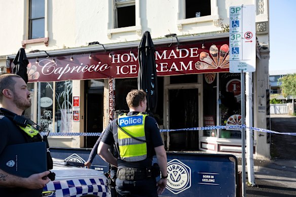 Police outside Capriccio after a 2024 firebombing attack. 