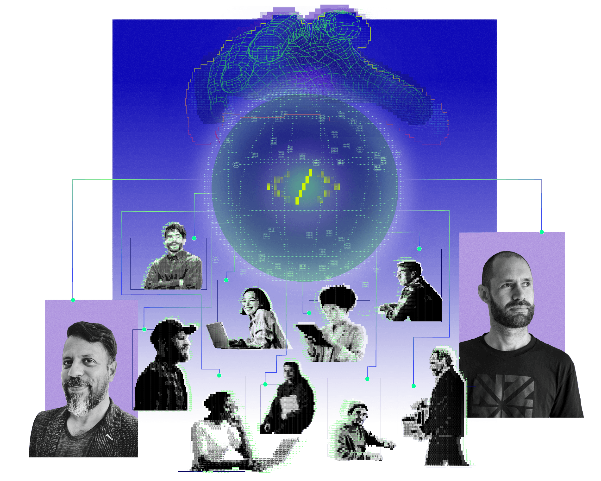 Graphic illustration of various people connected by lines under glowing orb and sci-fi wireframe hand.