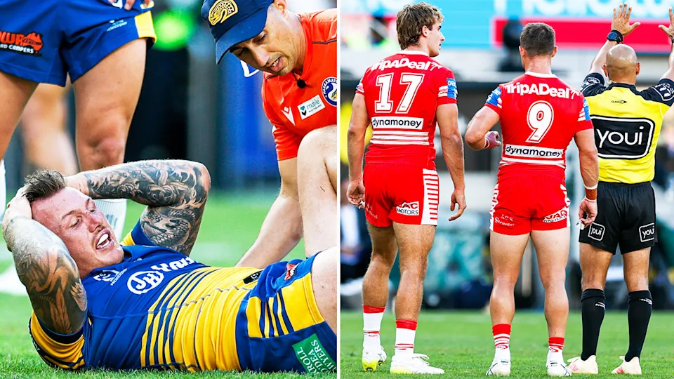 Jason Ryles believes there is a higher chance of injury in 2026 because the game is so fast with Dragons star Ryan Couchman facing a long ban after a hip-drop on J'maine Hopgood (pictured left). (Images: AAP)
