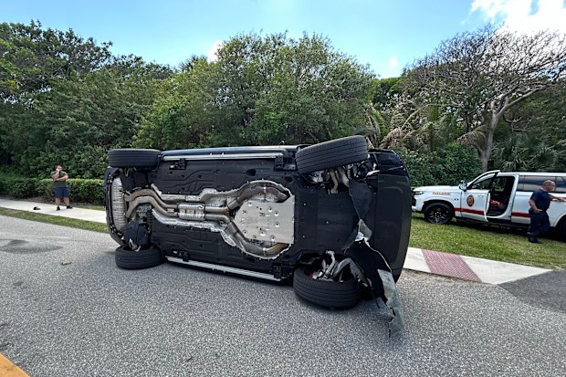 The overturned vehicle in a rollover crash which involved Tiger Woods in Jupiter Island.