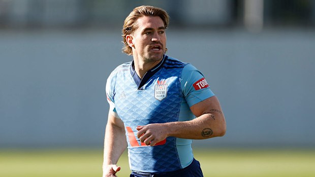 Connor Watson warms up before a NSW Blues State Of Origin training session.
