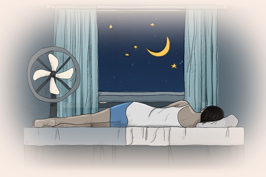 A hand-drawn illustration of a woman sleeping in a bed with a fan